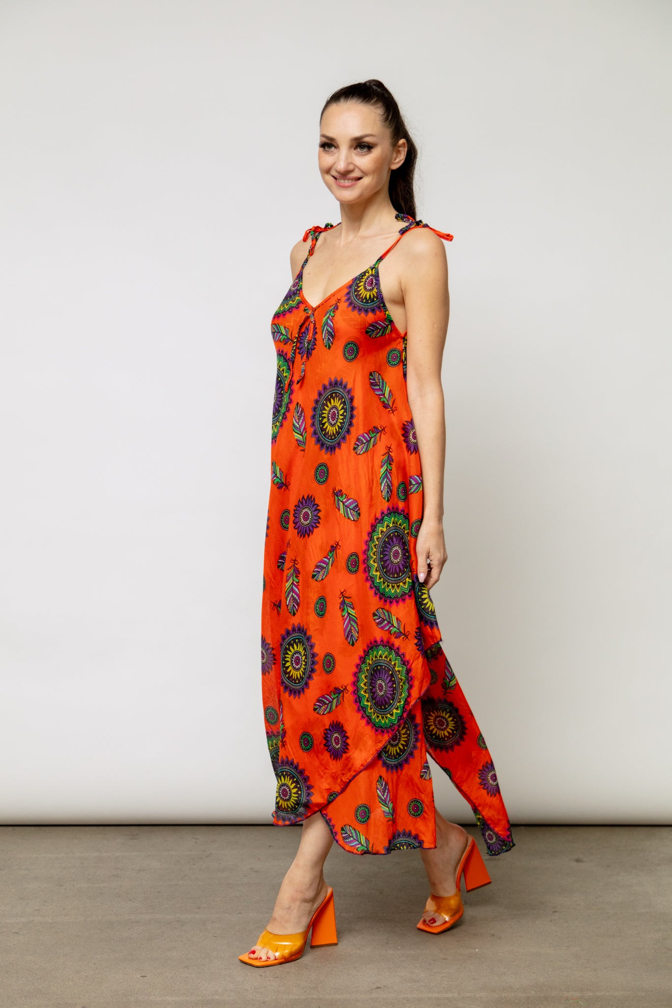 6195 Orange Handkerchief Floral Dress