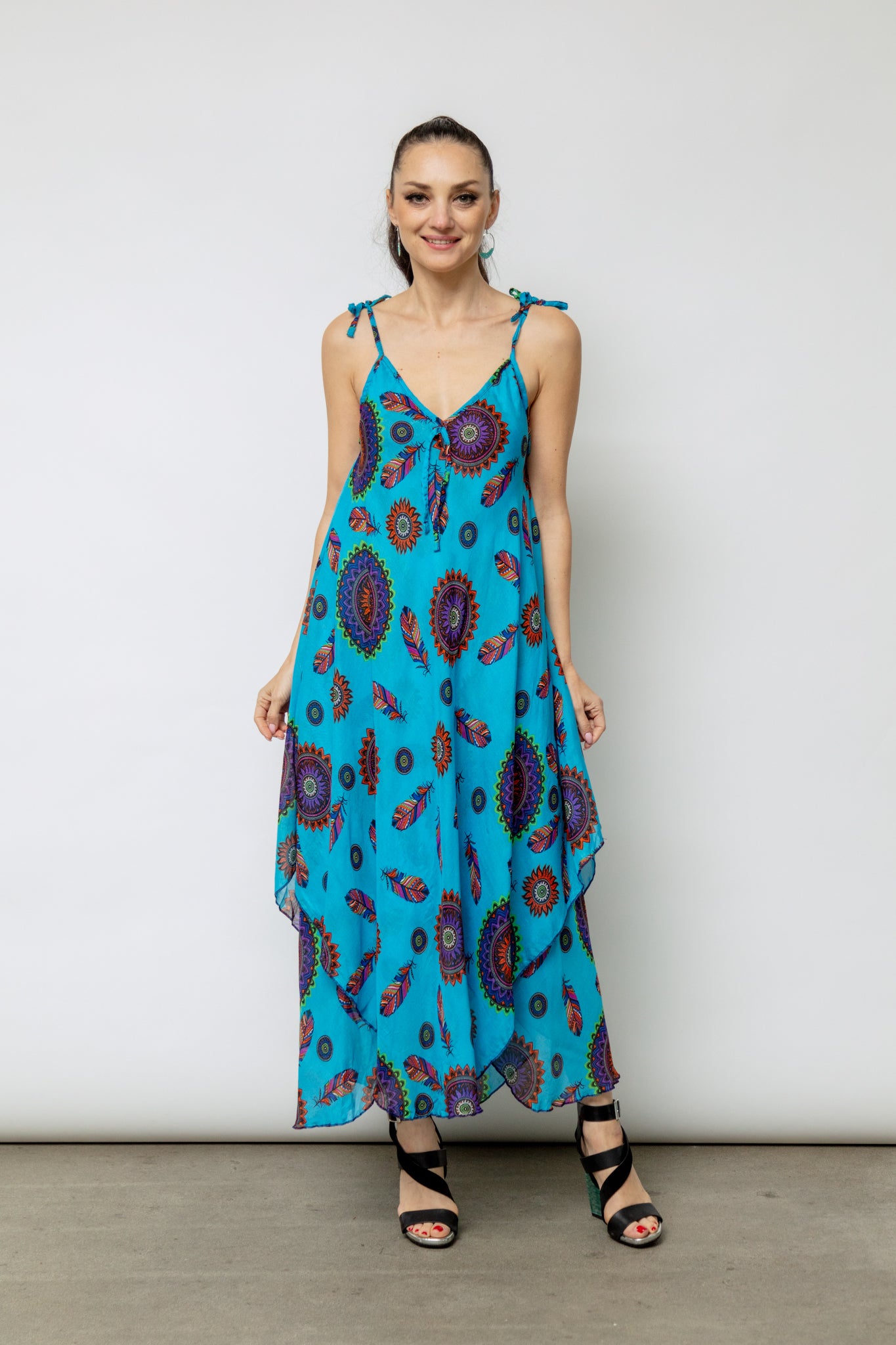 6196 Turquoise Handkerchief Floral Dress